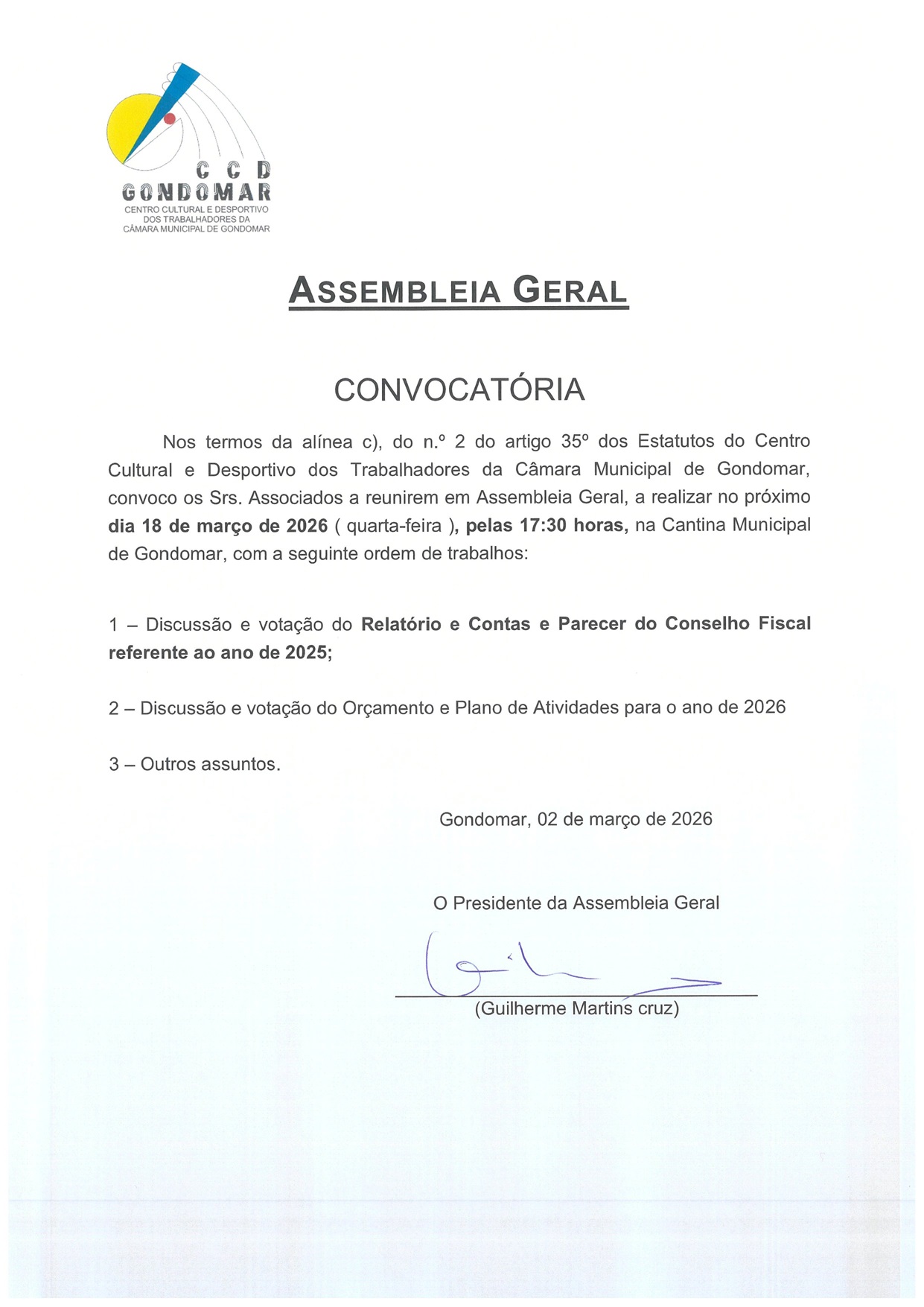 Convocatória assembleia geral 18-03-2026